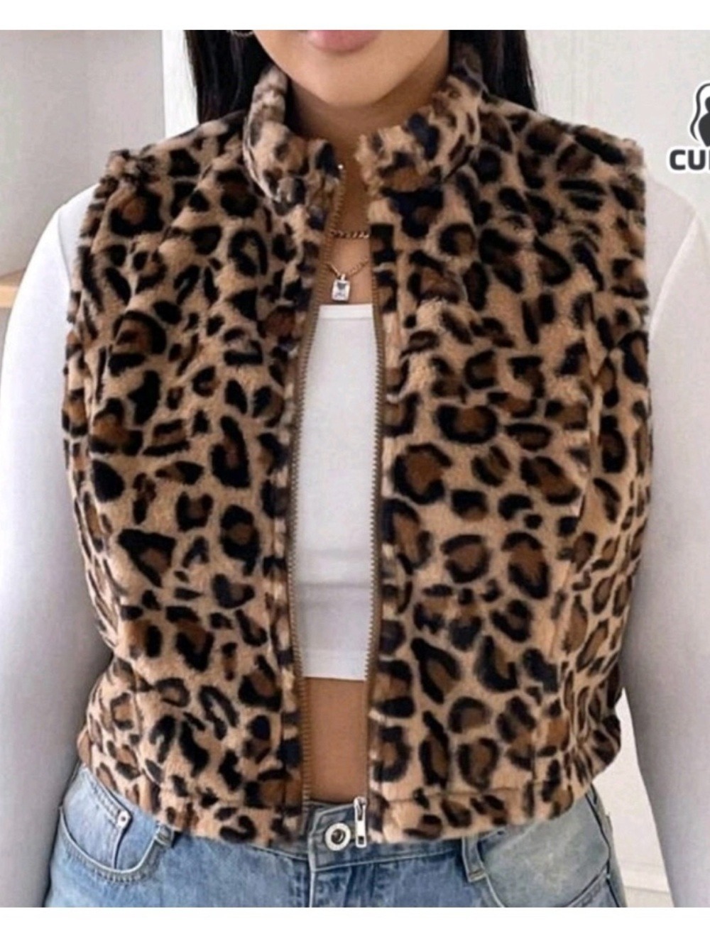 Leopard Print Faux Fur Vest - Brown/Tan